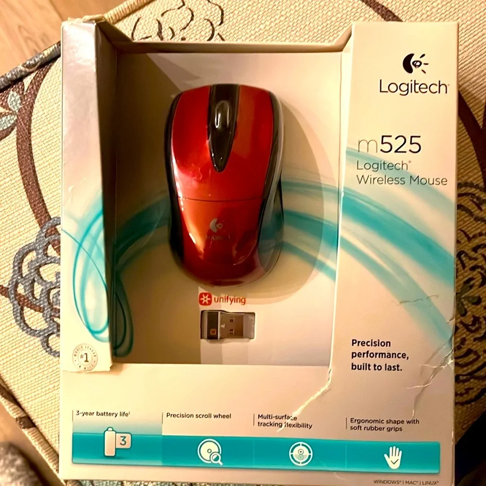 NEW $120 Logitech M525 Wireless Mouse red unifying receiver runs up to 6 devices